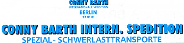 Beschriftungssatz "Conny Barth Intern. Spedition - Spezial Schwertransporte"
