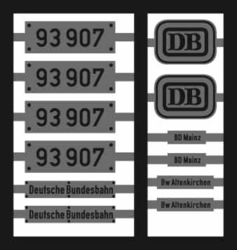 Neusilber-Ätzbeschriftung Lok 93 907 DB vierdomig